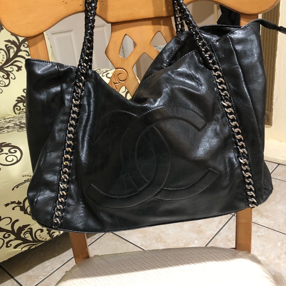 Vintage discontinued Chanel GST top handle square caviar leather gold metal tote
